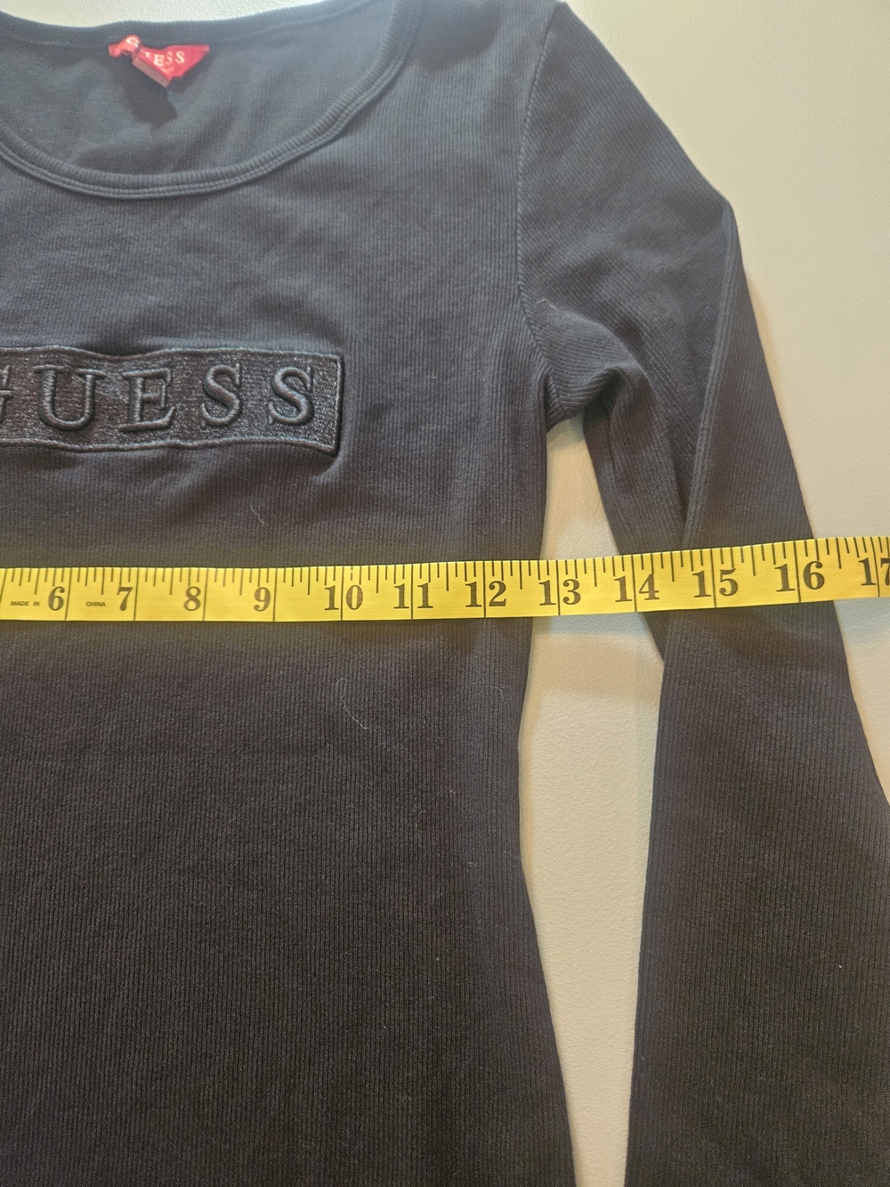 Guess Women's Long Sleeve Ribbed Tee With Logo - Black - Picture 2 of 6